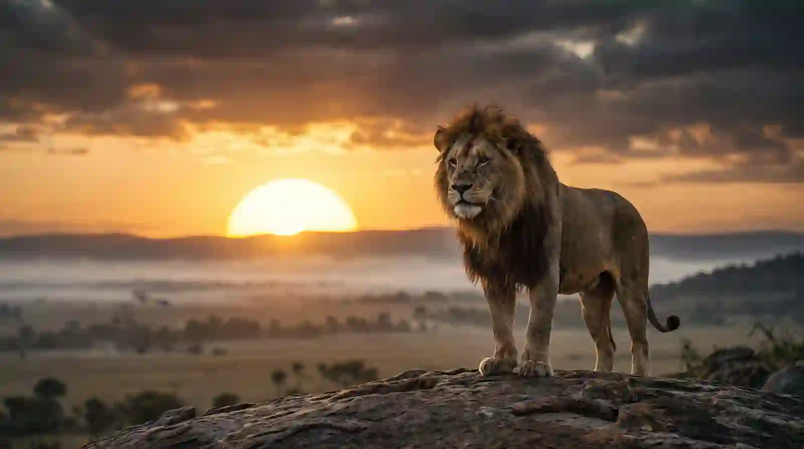A lone lion stands on a rocky ridge as the sun rises over the plains